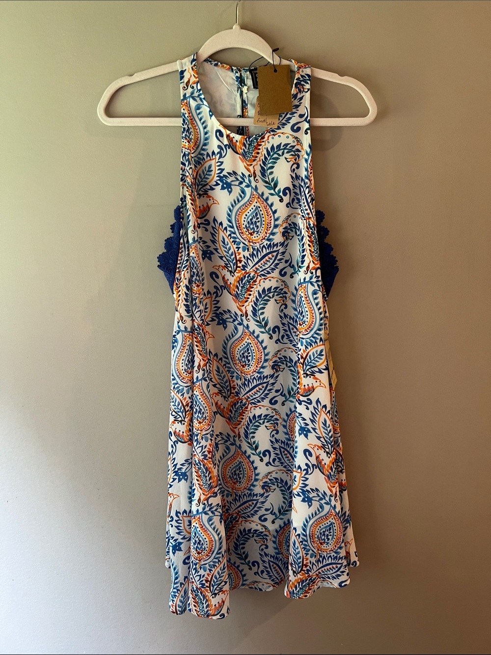 Sleeveless Paisley Mini Dress in White with Blue & Orange